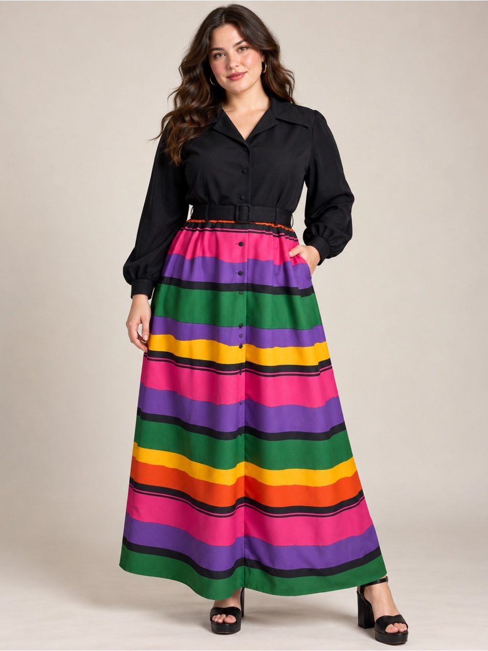 Vintage Sears 1970’s Black Belted Maxi Dress - L/XL